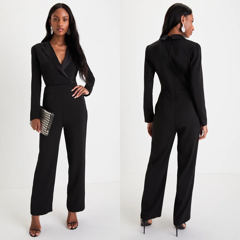 Lulus Impressive Presence Black Collared Straight Leg Jumpsuit
